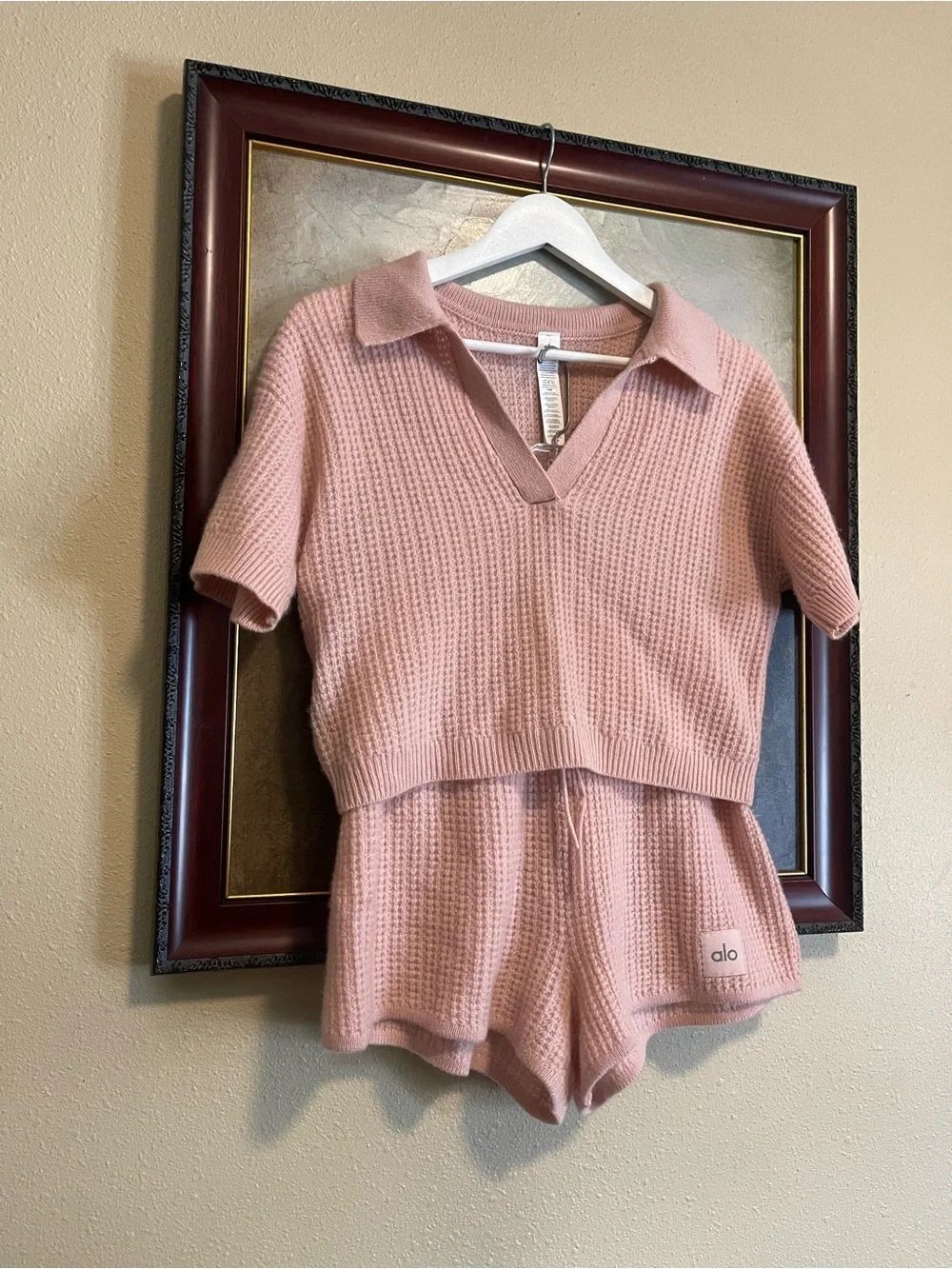 ALO Yoga Blush Pink Waffle Knit Two-Piece Loungewear Set - Picture 2 of 10
